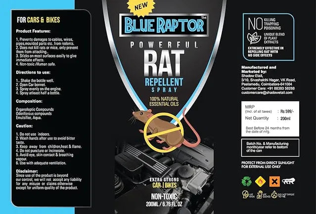 Blue Raptor Powerful Rat Repellent Spray – 100% Natural, Non-Toxic | 250ml (Pack of 2)