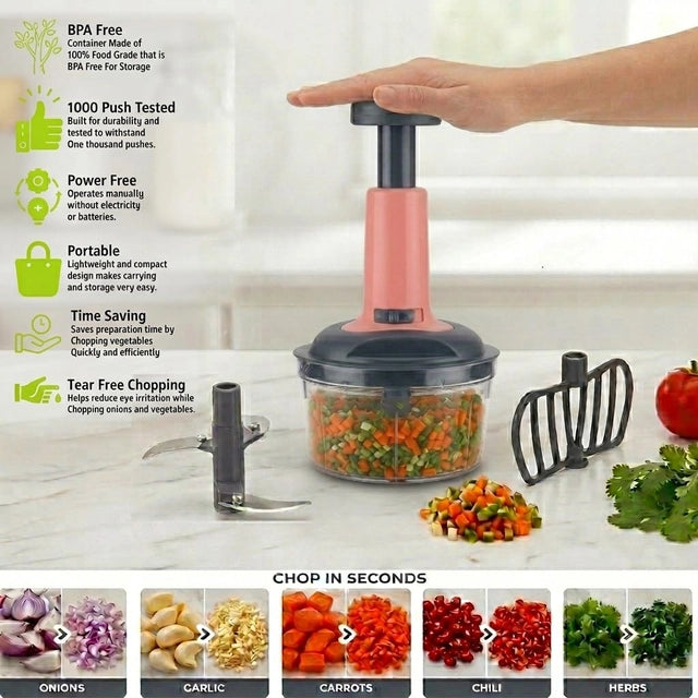 Push Chopper 650ml | Manual Vegetable Chopper with 3-Tier Stainless Steel Blades