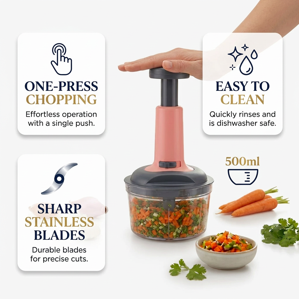 Push Chopper 650ml | Manual Vegetable Chopper with 3-Tier Stainless Steel Blades