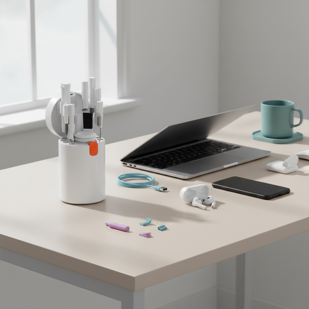 20 in 1 Smart Gadget Cleaning Kit styled in an organized modern desk setup with colorful tech accents