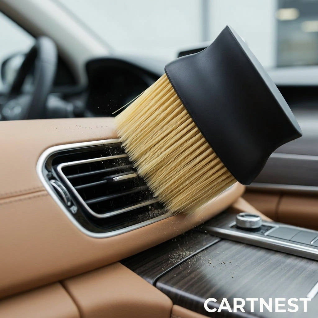 Car AC Vent Cleaning Brush in Action on Dashboard