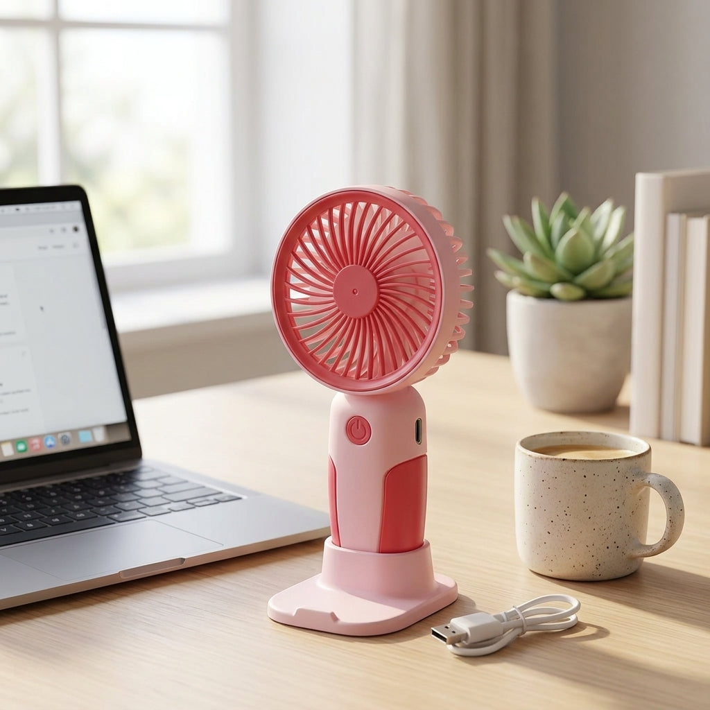 Mini USB Desk Fan on Office Workstation with Laptop