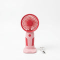 Mini Rechargeable Handheld Fan with Stand and USB Cable on White Background