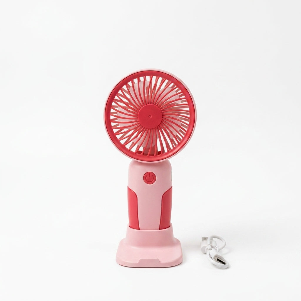 Mini Rechargeable Handheld Fan with Stand and USB Cable on White Background