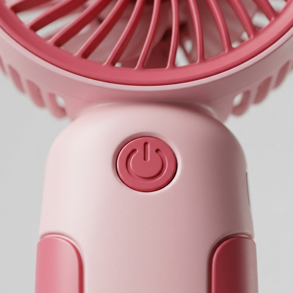 Close-Up Detail of Mini Rechargeable Fan Grille and Power Button