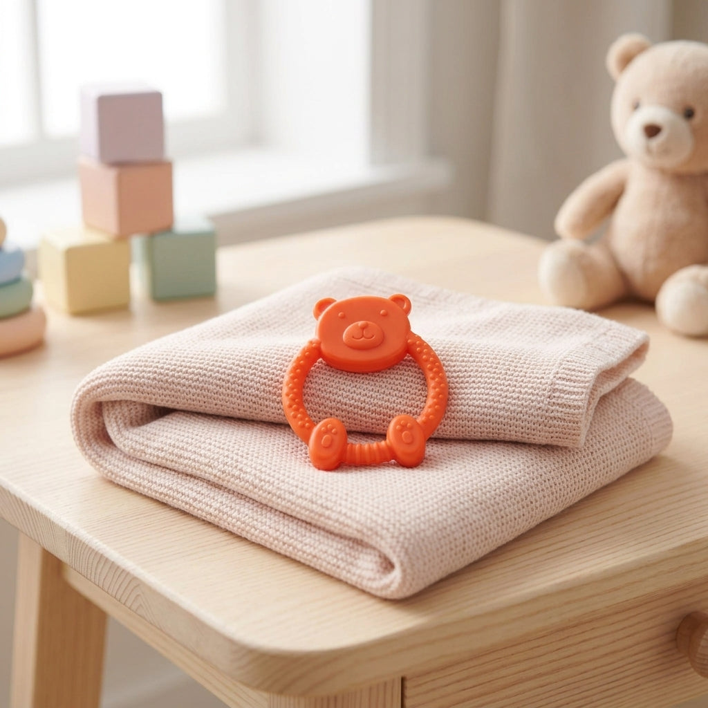 Silicone Bear Teething Ring in Cozy Nursery Setting
